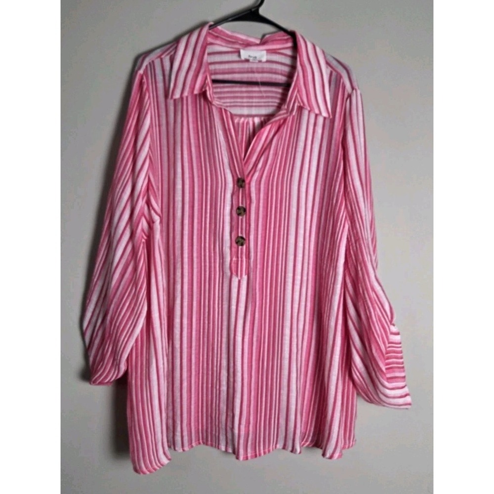 Fyve Blouse Plus Size 3X Pink Striped Lightweight Button Front V-Neck